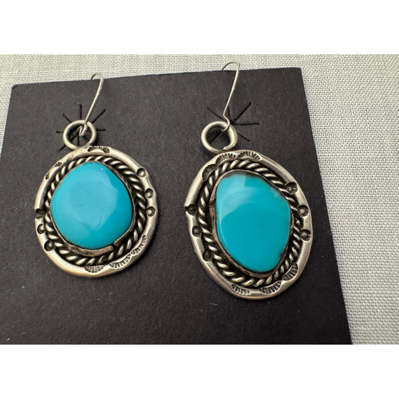 Vtg Native American Turquoise Earrings Sterling Silver Dangle Bezel Southwestern - Picture 1 of 6